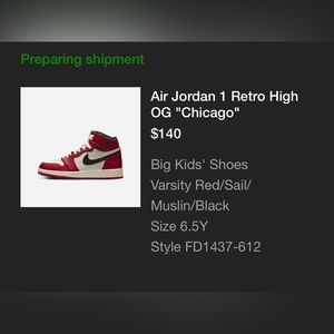 Jordan 1 lost and found size 6.5y